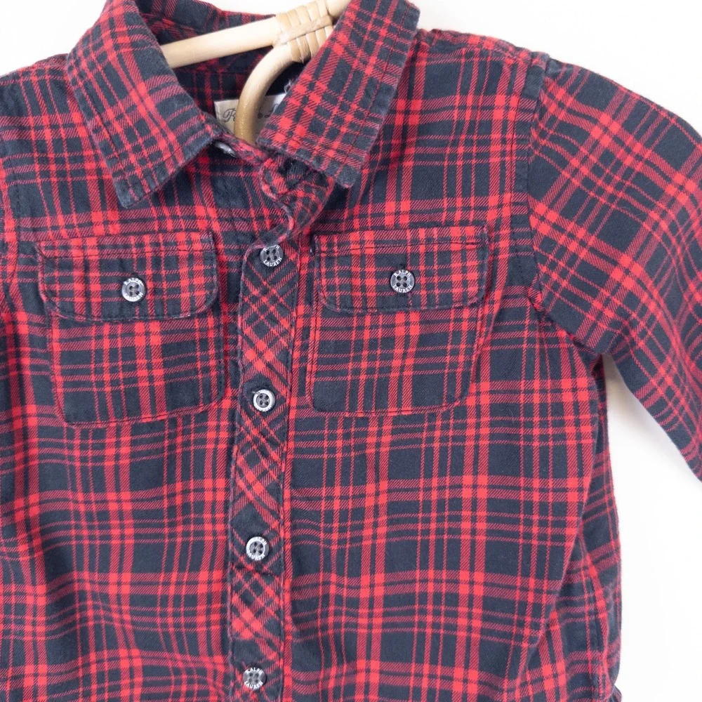 Ralph Lauren Button Down‎ Shirt Kids 9M Red Black Plaid Flannel Long Sleeve